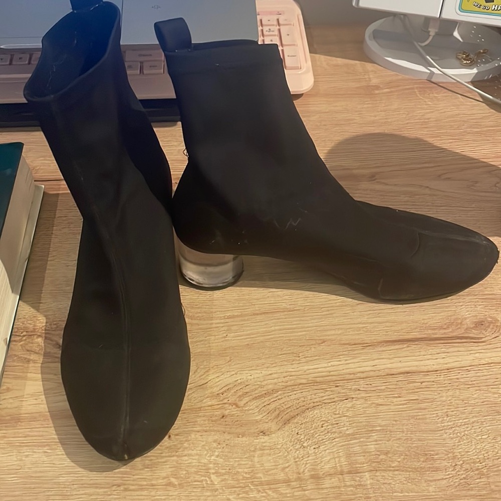 Black Sock Booties w/ Clear Block Heel